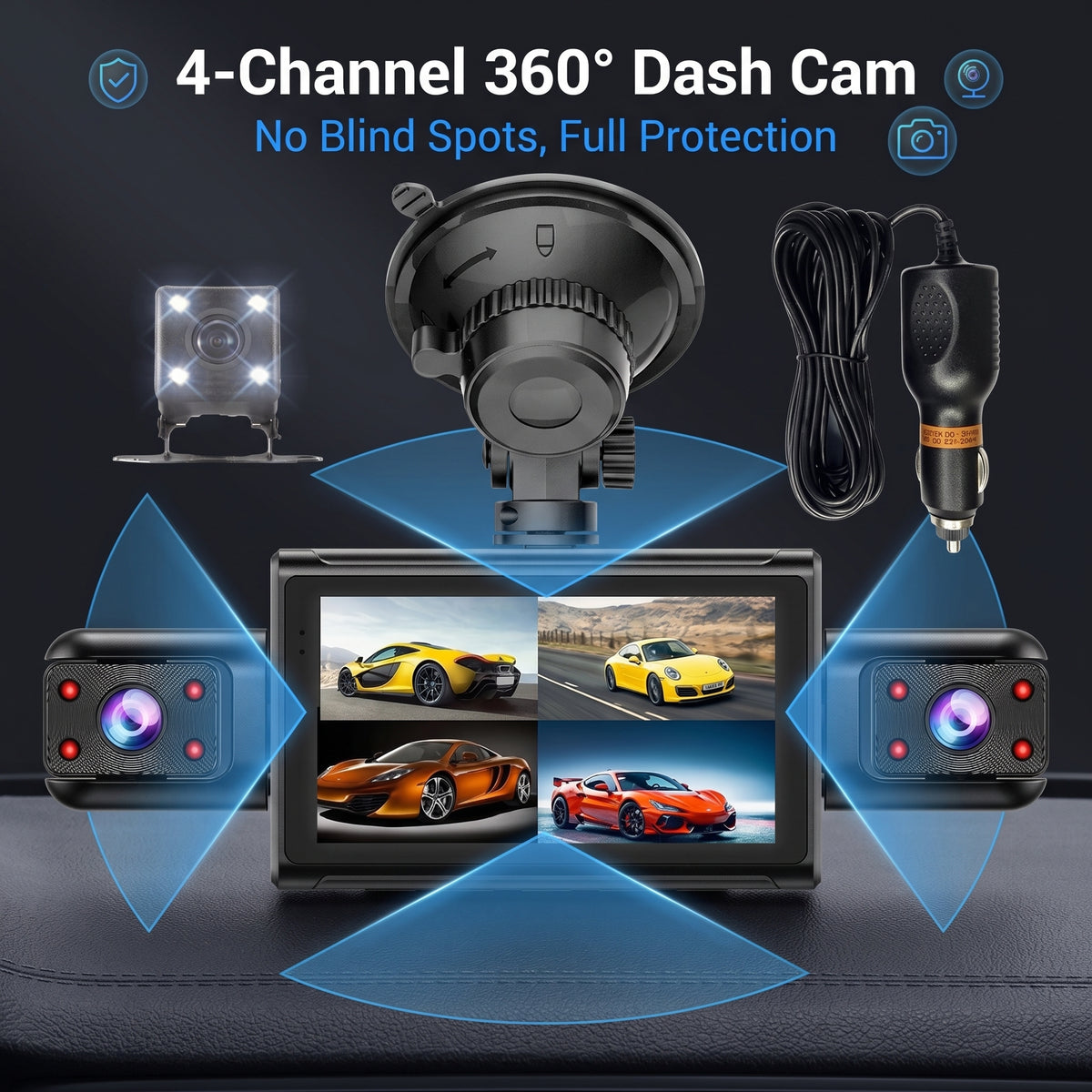 🚗High-Definition 4-Channel Dash Cam – 360° Coverage with No Blind Spots, 24-Hour Comprehensive Monitoring