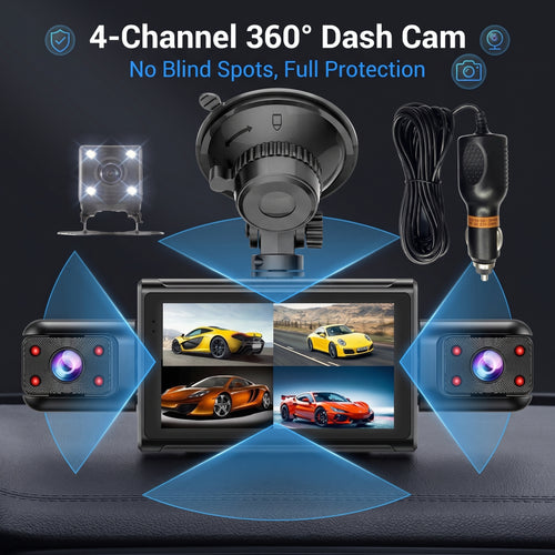 🚗High-Definition 4-Channel Dash Cam – 360° Coverage with No Blind Spots, 24-Hour Comprehensive Monitoring