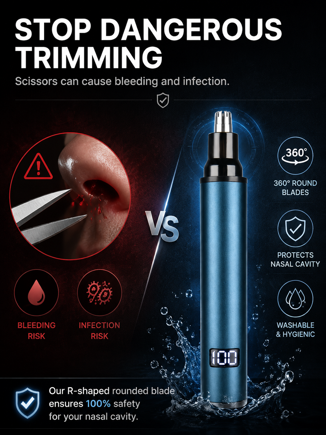 Rechargeable Nose Hair Trimmer with Diamond Sharp Blade, Waterproof Painless Electric Nose Ear Hair Clipper for Men