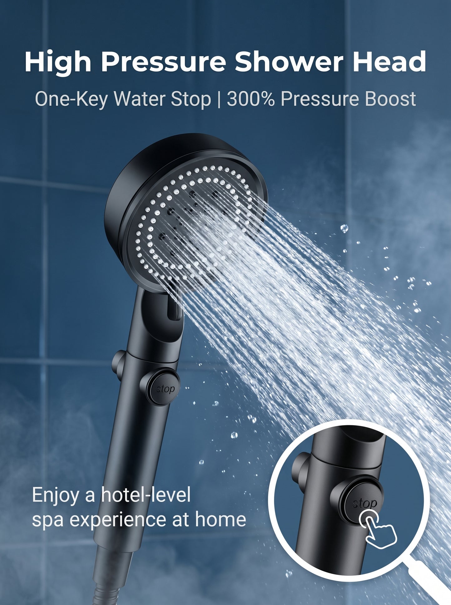 Large Panel Pressure Boost Shower Head with 5 Spray Modes and 360° Rotation