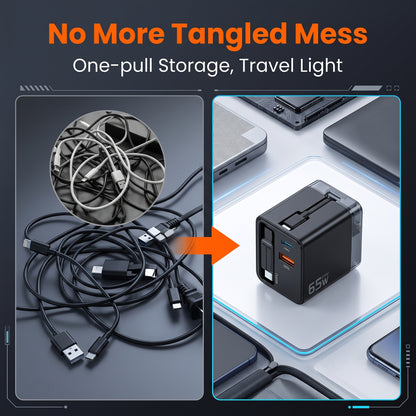 ⚡65W 3-in-1 Fast Charger with Retractable Cable – Charge Your Phone, Tablet & Laptop at the Same Time