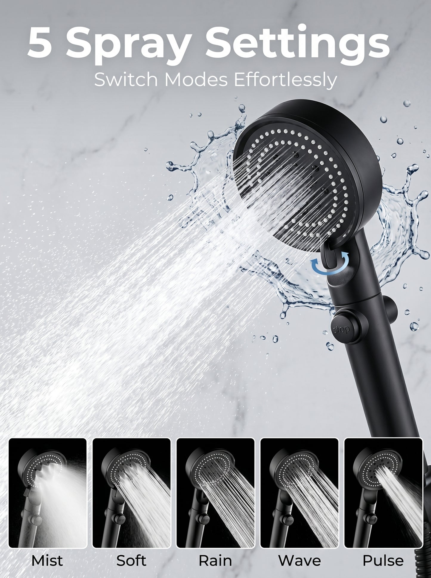 Large Panel Pressure Boost Shower Head with 5 Spray Modes and 360° Rotation