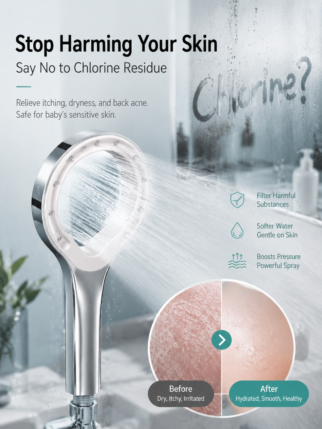 Hollow Ring Pressurized Handheld Shower Head, Negative Ion Oxygenation Filter Shower Purify Water Remove Harmful Impurities for Daily Beauty Skin Care
