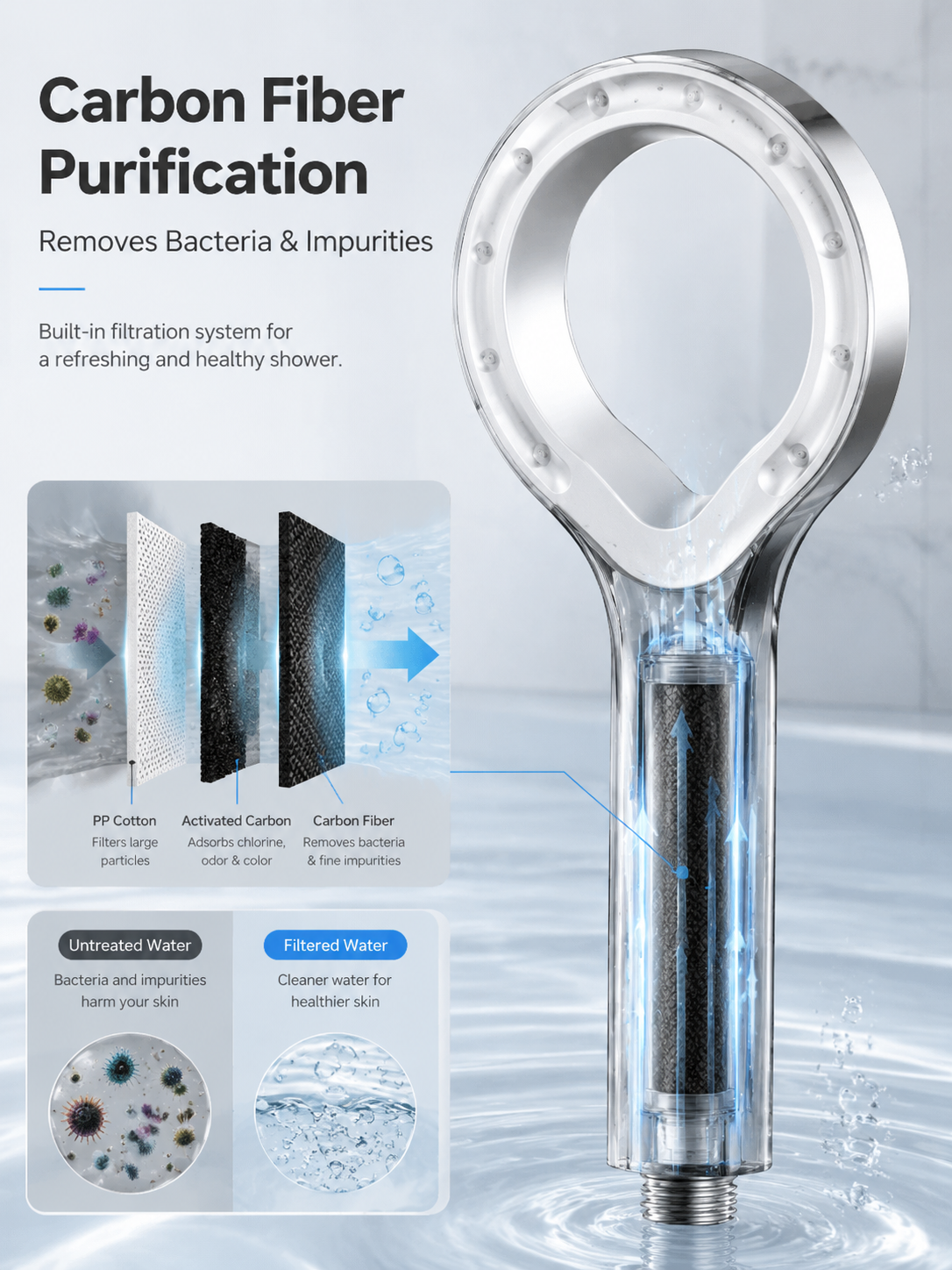 Hollow Ring Pressurized Handheld Shower Head, Negative Ion Oxygenation Filter Shower Purify Water Remove Harmful Impurities for Daily Beauty Skin Care
