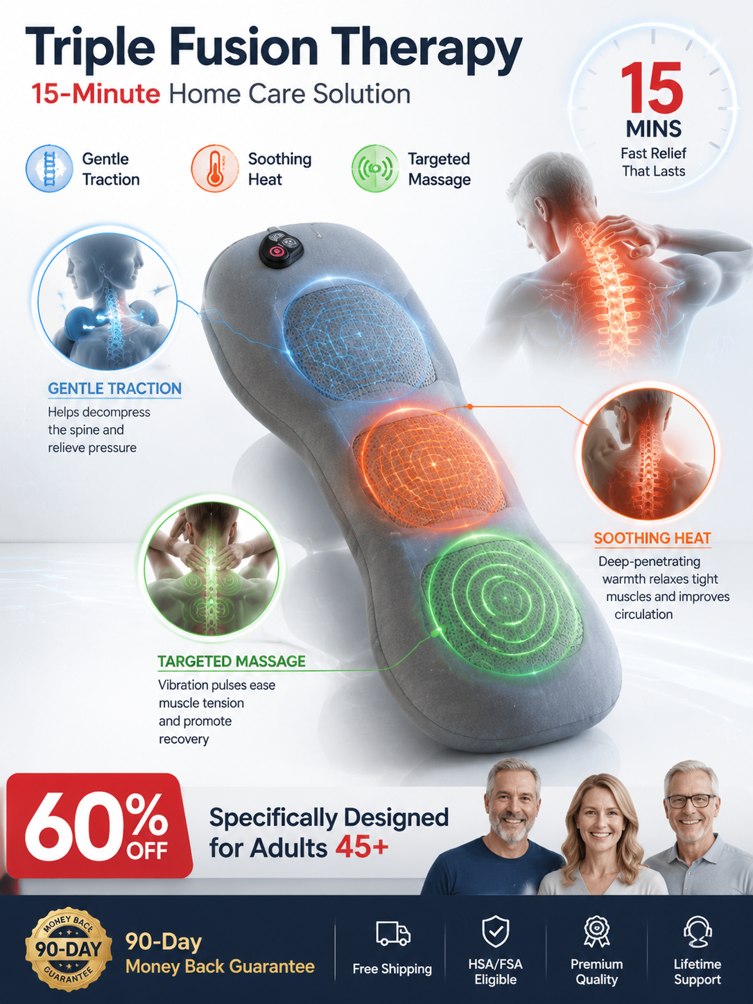 Relieve pain with this ergonomically designed electric lumbar massage pillow - 3D kneading, heated support, suitable for office, car, and home use.