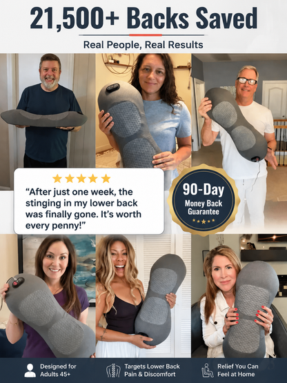 Relieve pain with this ergonomically designed electric lumbar massage pillow - 3D kneading, heated support, suitable for office, car, and home use.
