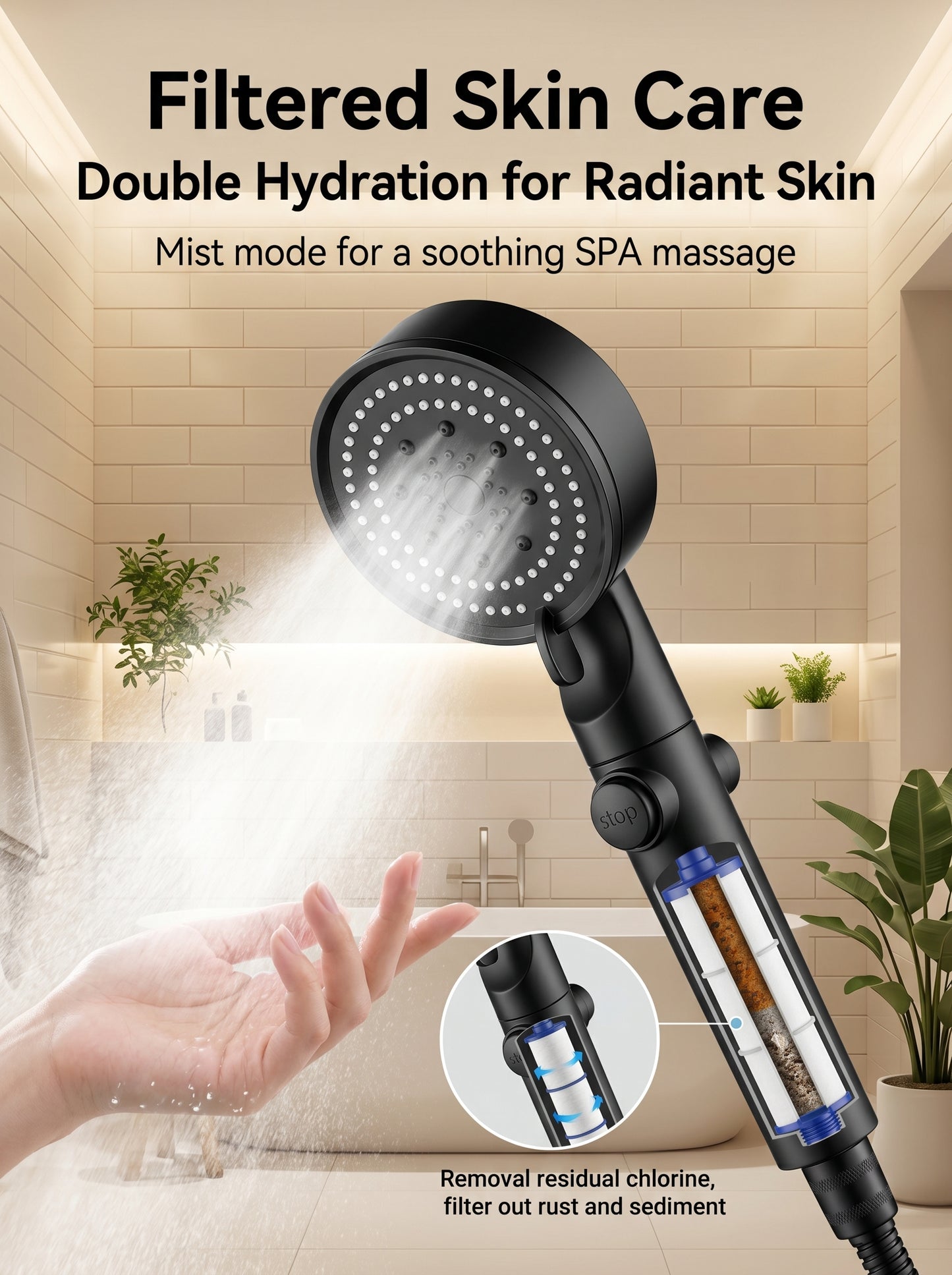 Large Panel Pressure Boost Shower Head with 5 Spray Modes and 360° Rotation
