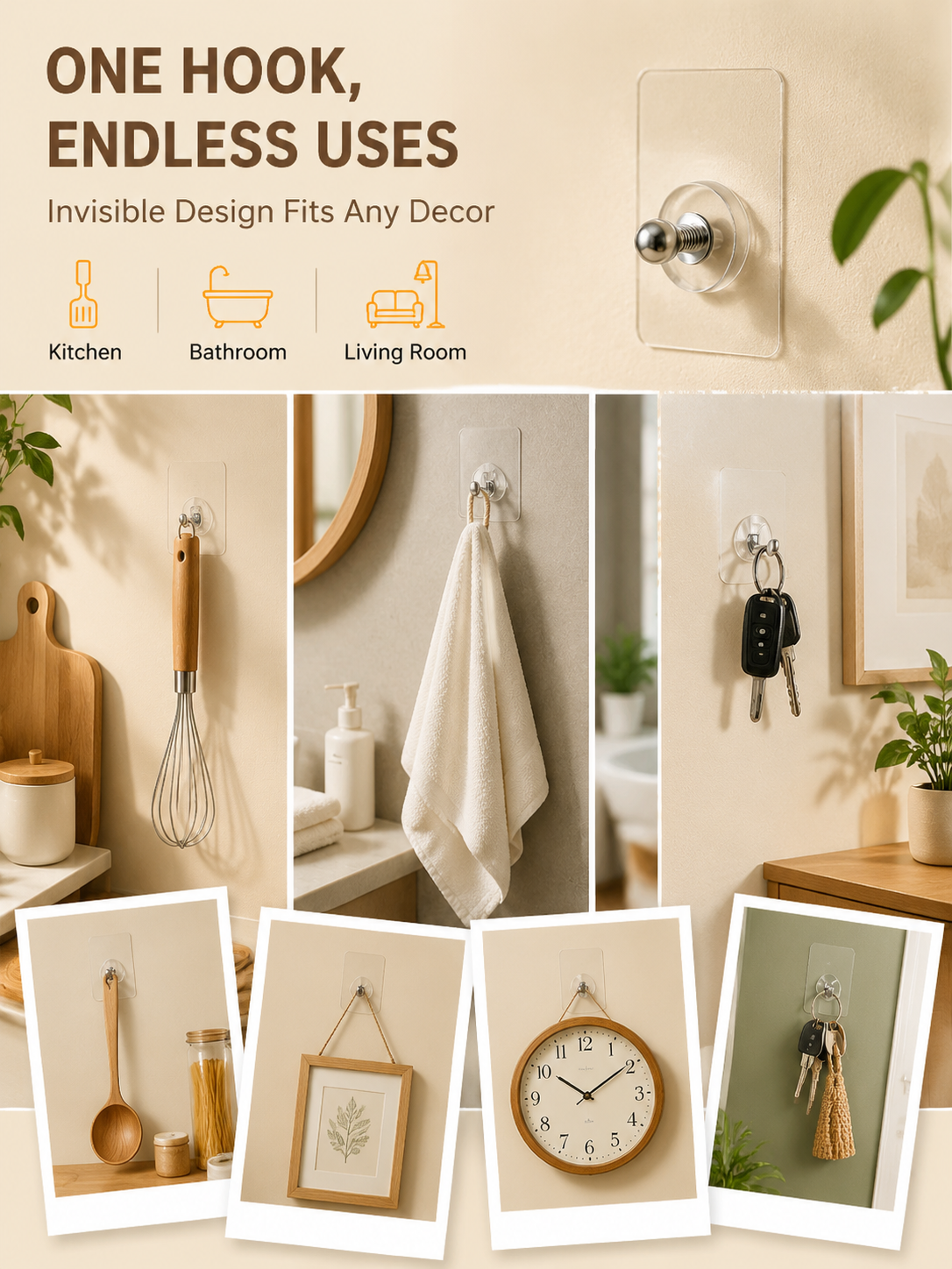 No-Drill Adhesive Screw Hooks for Wall Mounting