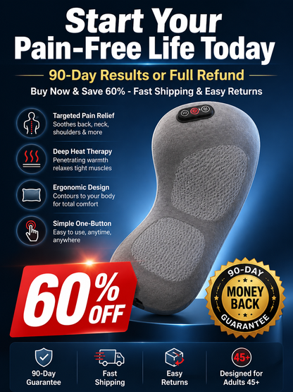 Relieve pain with this ergonomically designed electric lumbar massage pillow - 3D kneading, heated support, suitable for office, car, and home use.