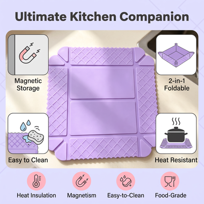 🍳🧲 Magnetic Silicone Heat-Resistant Mat – Transforms From A Flat Mat Into A Small Folding Tray.