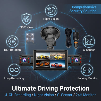 🚗High-Definition 4-Channel Dash Cam – 360° Coverage with No Blind Spots, 24-Hour Comprehensive Monitoring