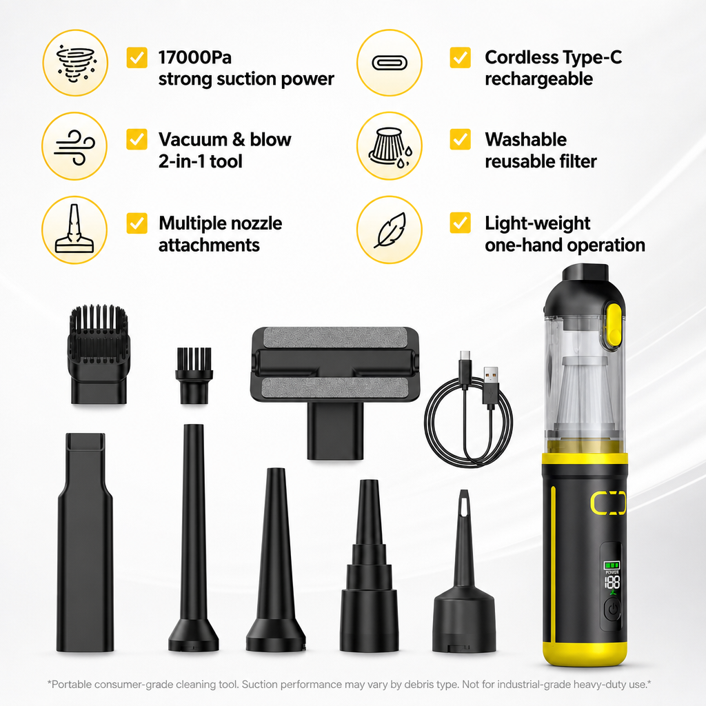 🥳2026 HOT SALE 50% OFF!🥳💞50K+ SOLD! 🚗💨  Portable Handheld Car Vacuum – Includes a variety of interchangeable nozzles🛡️✅