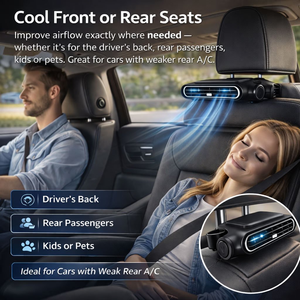 🔥 Wireless Universal Car Seat Cooling Fan for Front & Back Seats, Heat Relief Air Ventilation Cushion Fan Stop Sweaty Sticky Backs on Hot Summer Drives