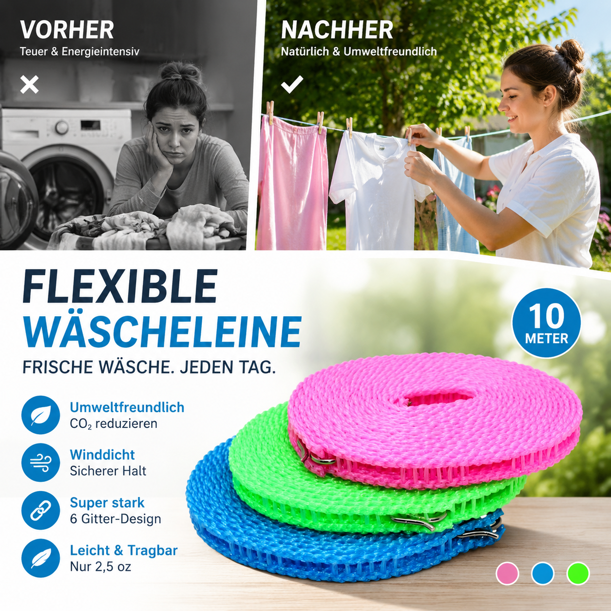 🔥Rutschfeste Wäscheleine – Langlebig & UV-beständig – Perfekt für Balkon, Garten oder Waschküche – hält Kleidung sicher an Ort und Stelle ☀️