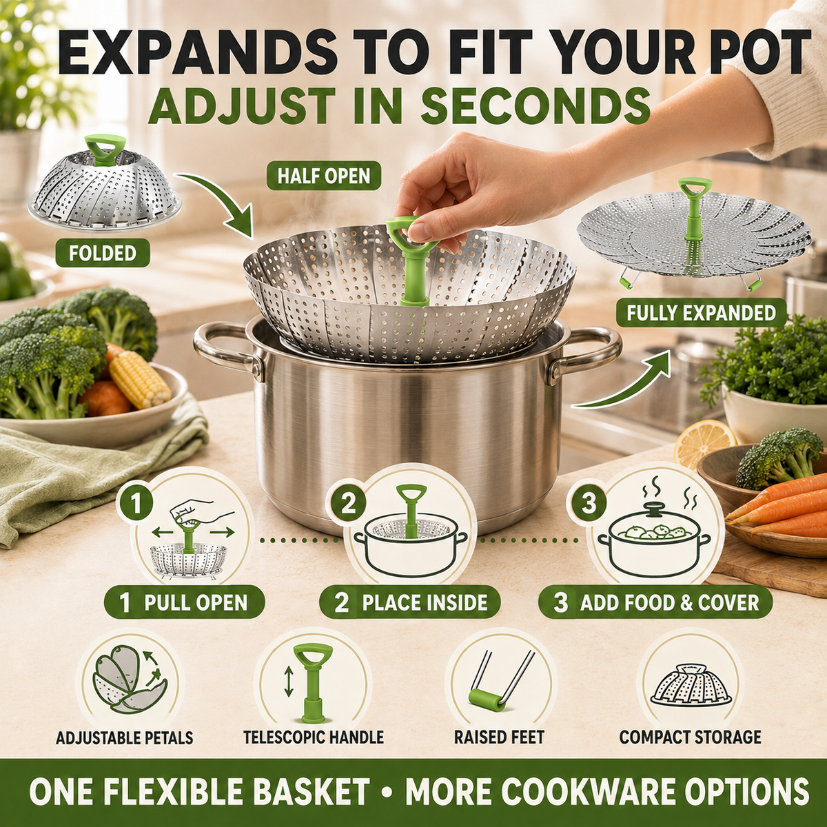 🥦 50% OFF 3-in-1 Adjustable Folding Steamer Basket ✨ Steam, Rinse & Serve with Ease