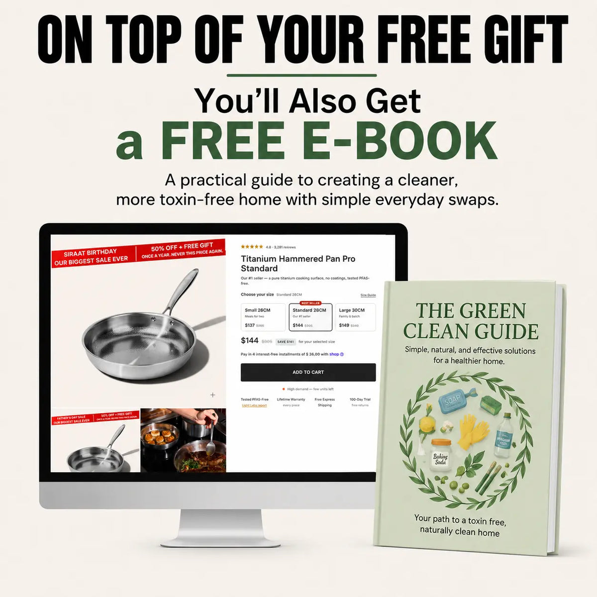 Free Green Clean Guide e-book gift with the Siraat Titanium Hammered Pan Pro Large order page