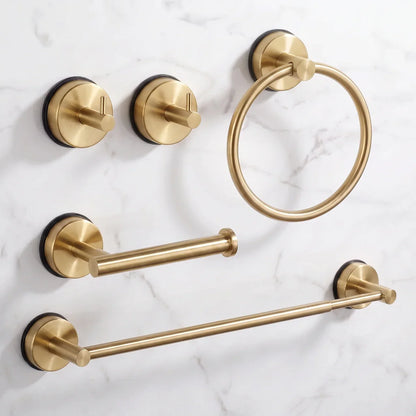 KL Home badkamer accessoires zonder boren in geborsteld messing (goud): haken, handdoekring, toiletrolhouder en handdoekstang