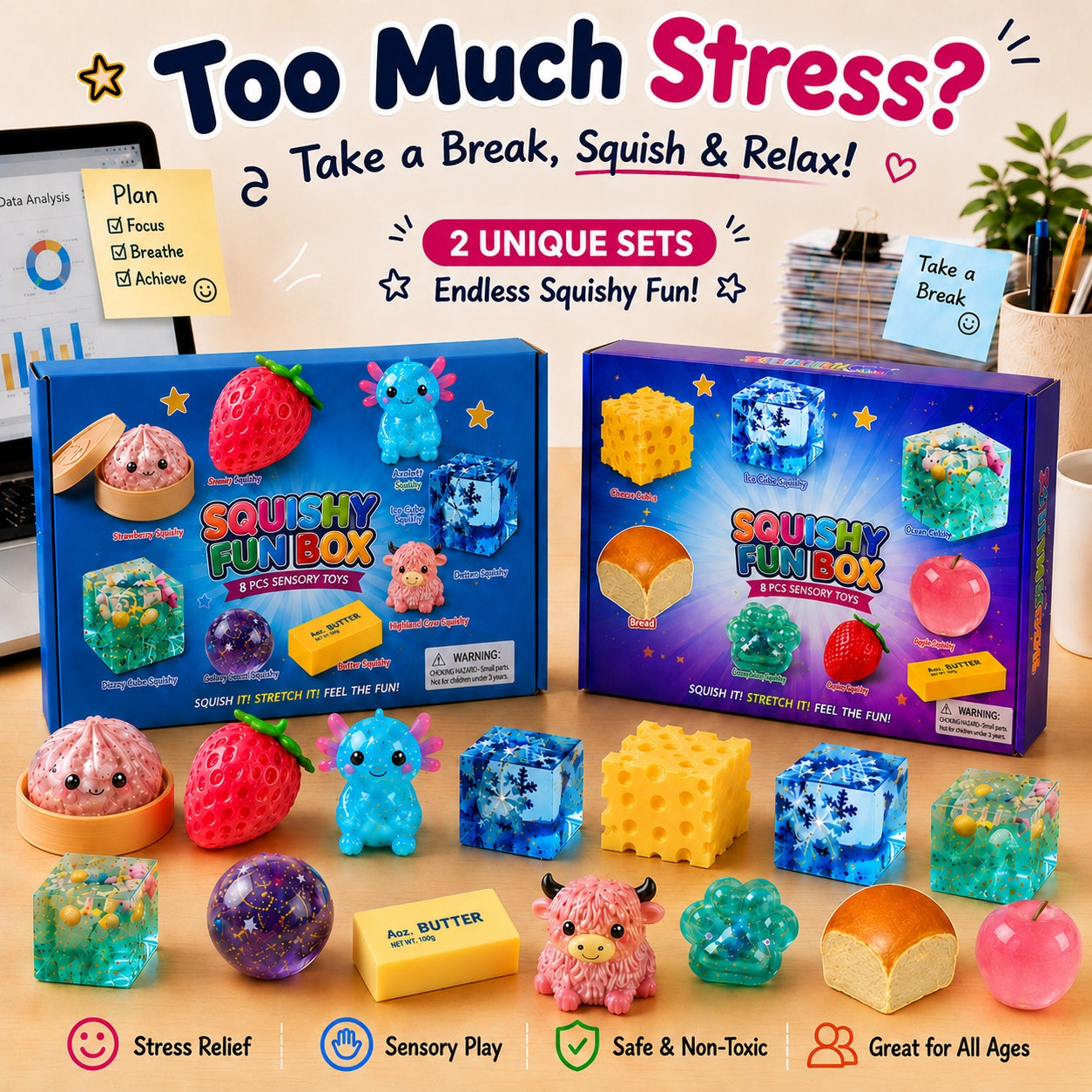 Hot sale🔥8-Piece Mystery Squishy Box — Ultimate Malt Sugar Stress Relief Sensory Bundle