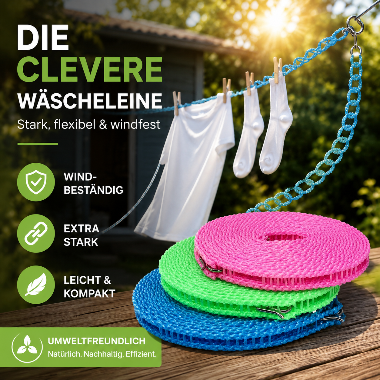 🔥Rutschfeste Wäscheleine – Langlebig & UV-beständig – Perfekt für Balkon, Garten oder Waschküche – hält Kleidung sicher an Ort und Stelle ☀️
