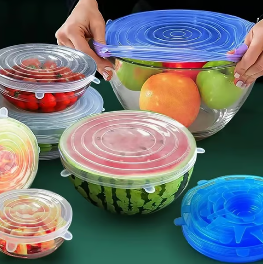 ❄️50% Discount，Buy one get one free!🥣 Reusable Silicone Food Storage Lids 6-Piece – Elastic Stretch Lids for Bowls, Fruit & Leftovers