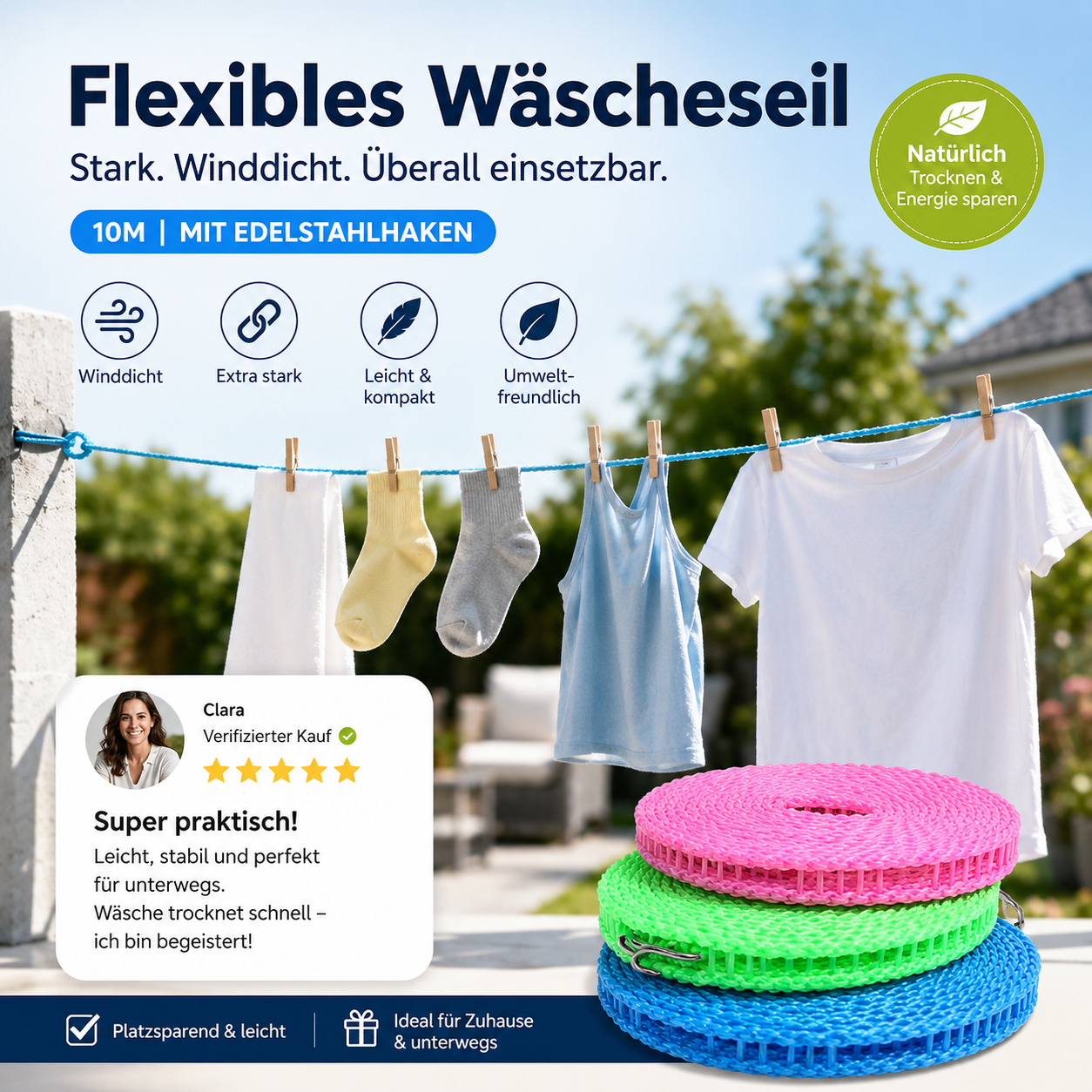🔥Rutschfeste Wäscheleine – Langlebig & UV-beständig – Perfekt für Balkon, Garten oder Waschküche – hält Kleidung sicher an Ort und Stelle ☀️