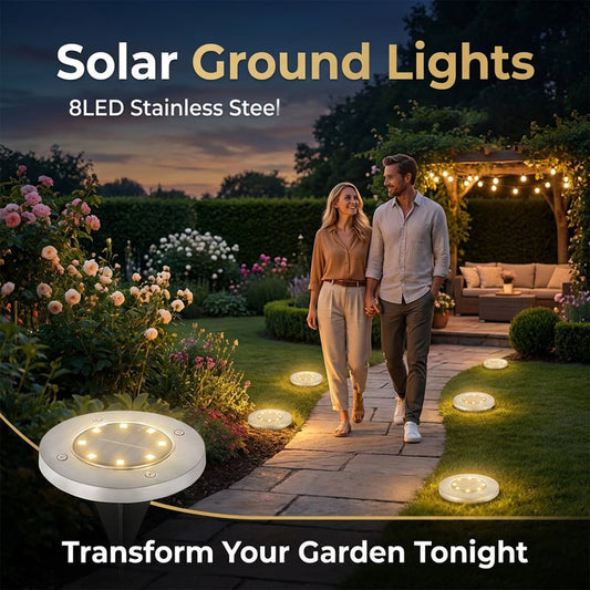 ☀️ 8-LED Solar Ground Lights for Outdoor Gardens – Waterproof Stainless Steel Pathway Disk Lights for Lawn, Patio & Walkway Decoration 🏡