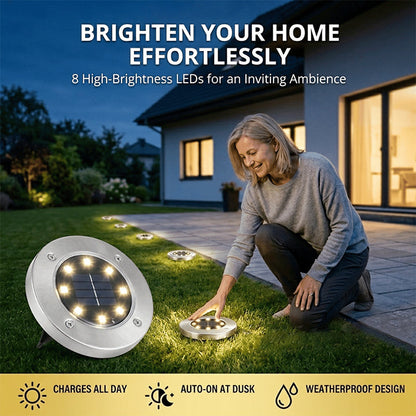 ☀️ 8-LED Solar Ground Lights for Outdoor Gardens – Waterproof Stainless Steel Pathway Disk Lights for Lawn, Patio & Walkway Decoration 🏡