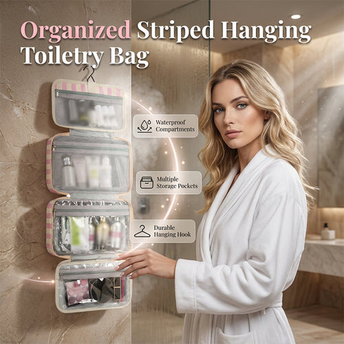 ✨Stop Digging Through Your Suitcase for Toiletries with the Striped Hanging Travel Toiletry Bag