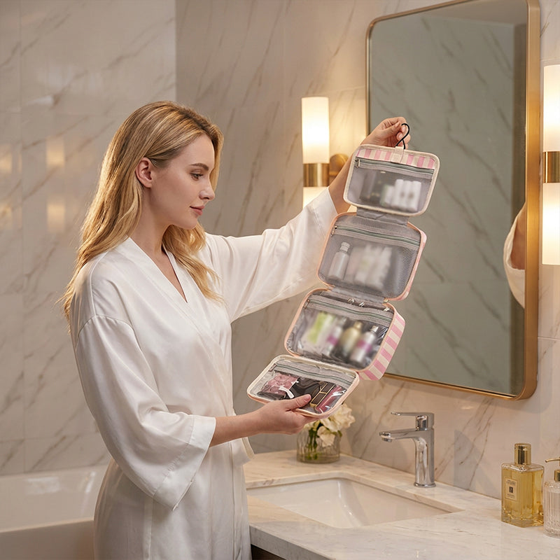 ✨Stop Digging Through Your Suitcase for Toiletries with the Striped Hanging Travel Toiletry Bag