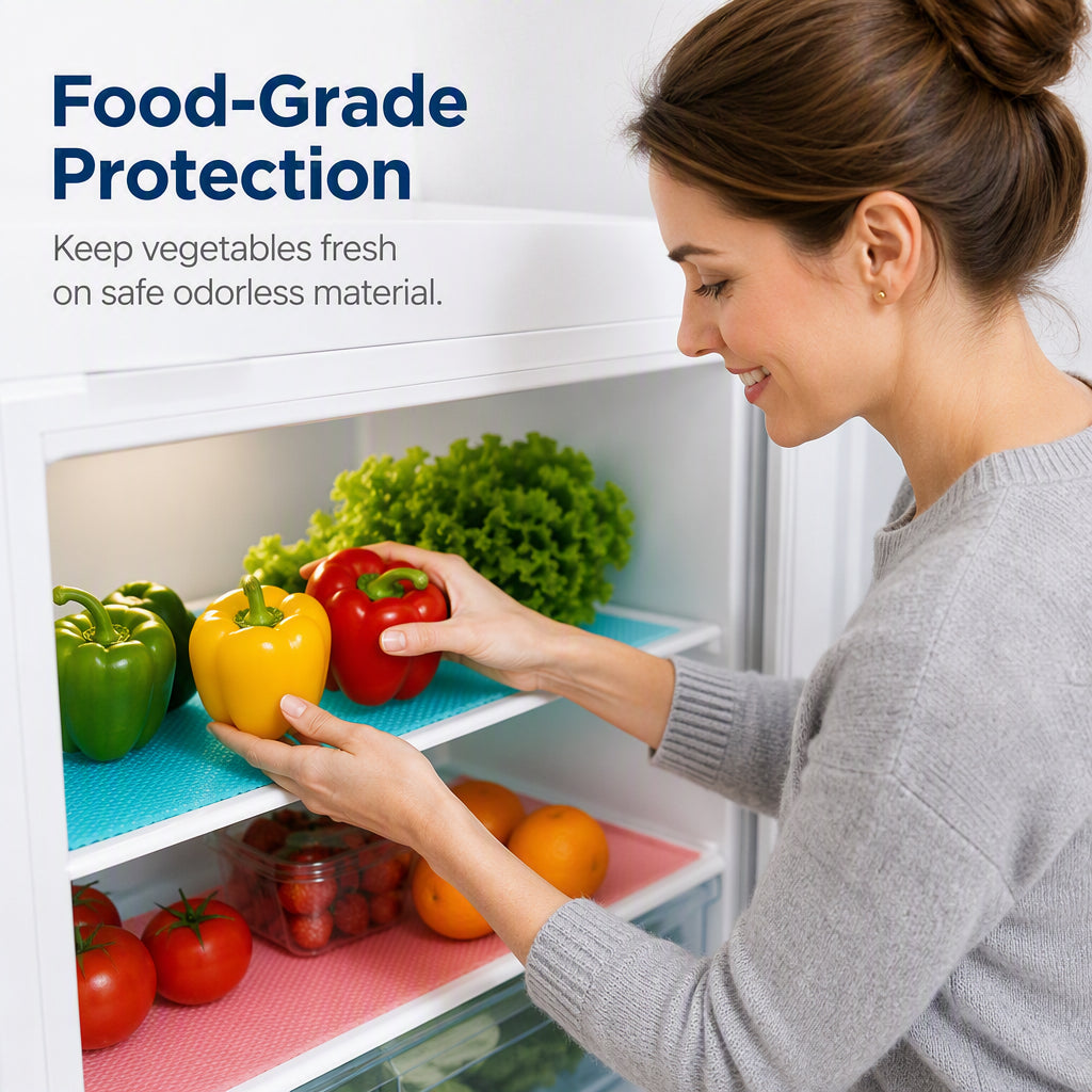🎁 Great value 4-pack! These fridge shelf liners are made of waterproof EVA material; they are non-slip and can be cut to size. 🏠✅