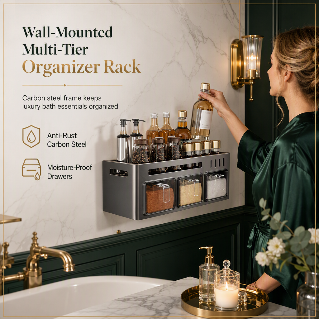 No‑Drill Wall‑Mounted Spice Rack with Condiment Jars & Spoons