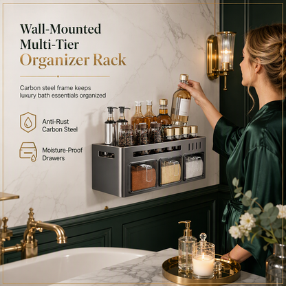 No‑Drill Wall‑Mounted Spice Rack with Condiment Jars & Spoons