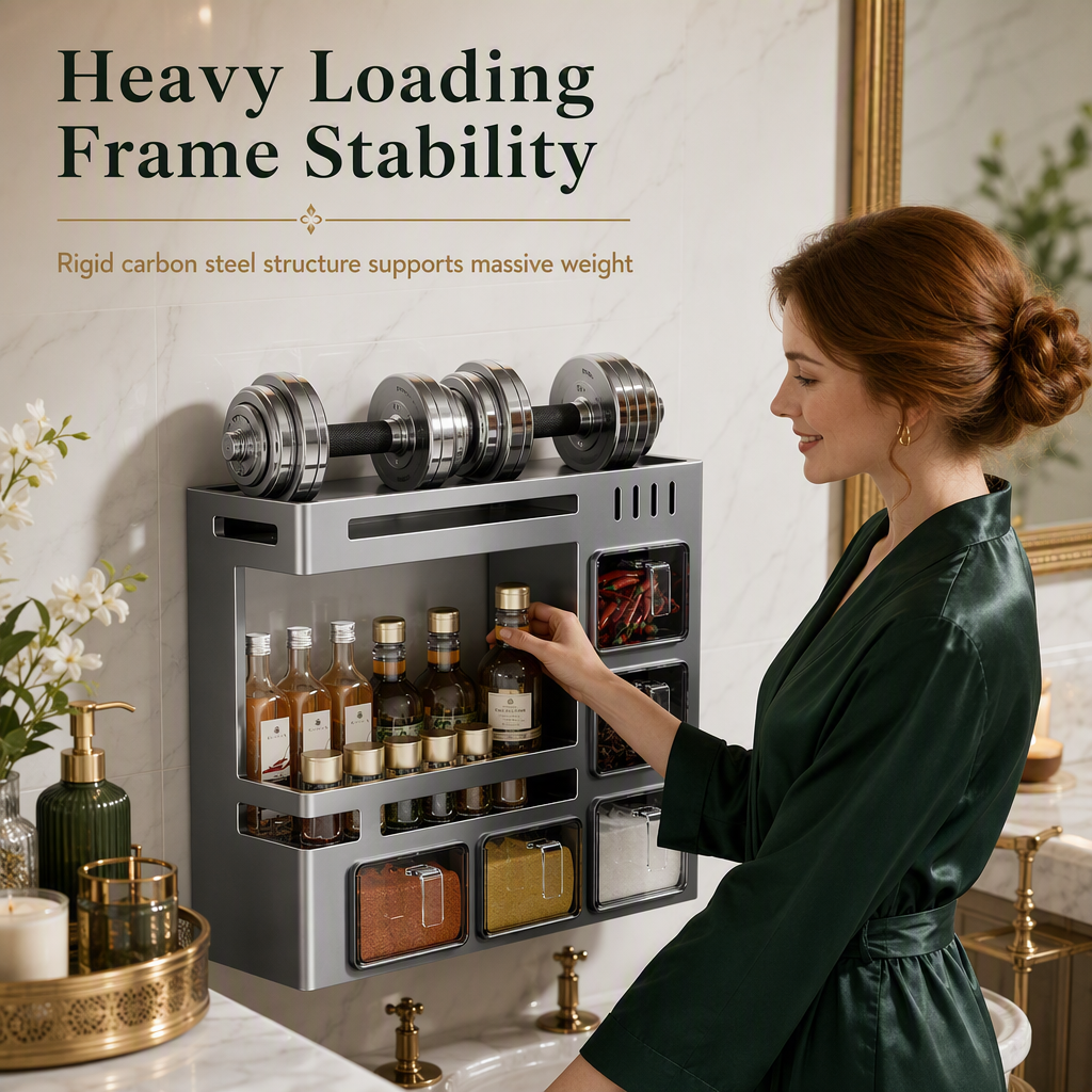 No‑Drill Wall‑Mounted Spice Rack with Condiment Jars & Spoons