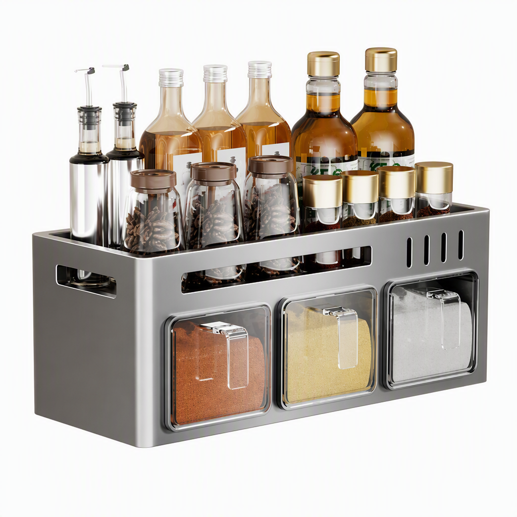 No‑Drill Wall‑Mounted Spice Rack with Condiment Jars & Spoons