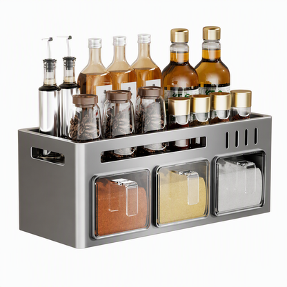 No‑Drill Wall‑Mounted Spice Rack with Condiment Jars & Spoons