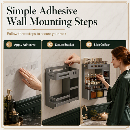 No‑Drill Wall‑Mounted Spice Rack with Condiment Jars & Spoons