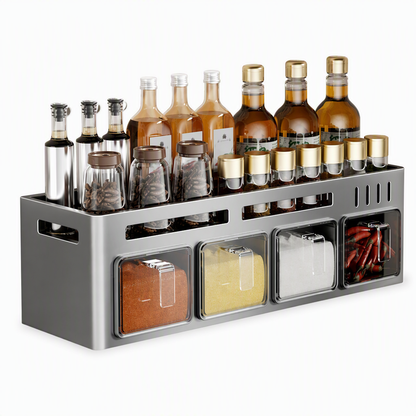 No‑Drill Wall‑Mounted Spice Rack with Condiment Jars & Spoons