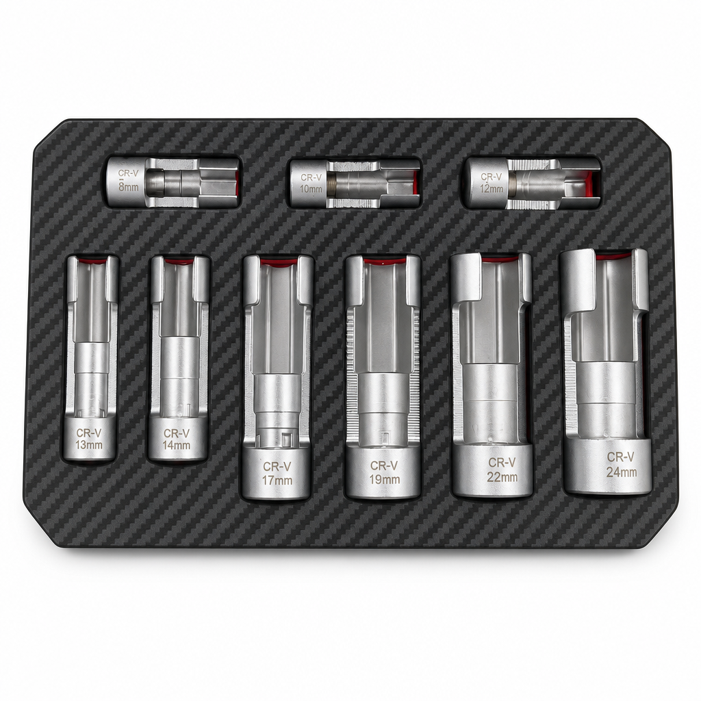 🔥50% OFF🔧9-Piece Flare Nut Socket Set – Slotted Oxygen Sensor & Diesel Injector Line Sockets, The Workshop Kit That Makes Awkward Auto Repairs Easier 🛠️