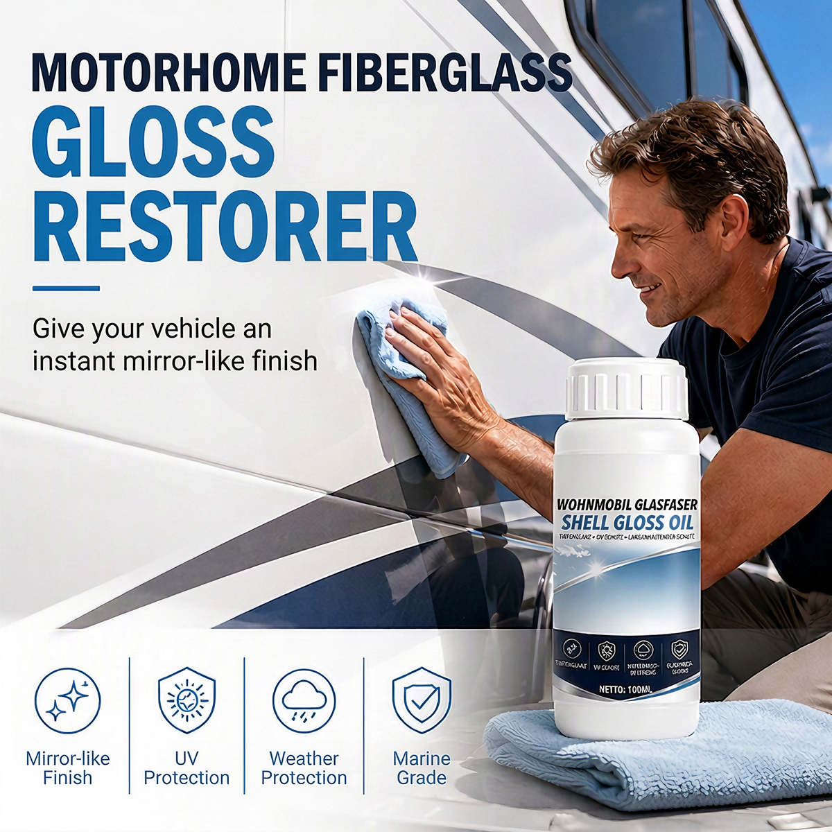 🚐 Fiberglass Gloss Restorer for Motorhomes, Boats & Trailers – with UV and Weather Protection