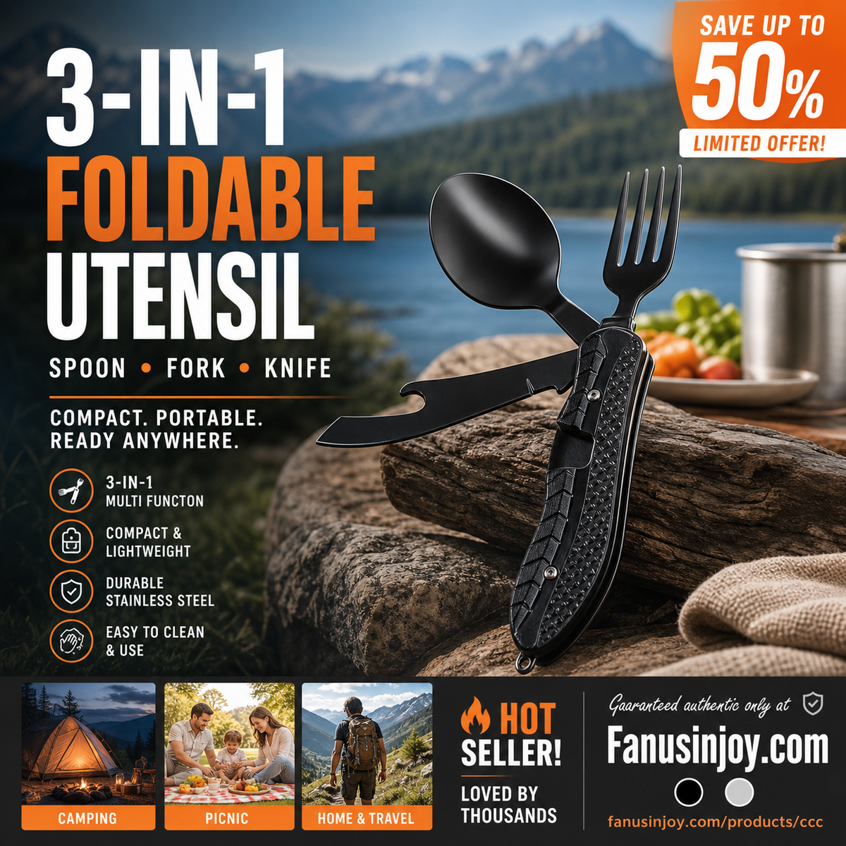 🏕️Must-have for outdoor trips 🍴🥄3-In-1 Outdoor Folding Multifunctional Tableware